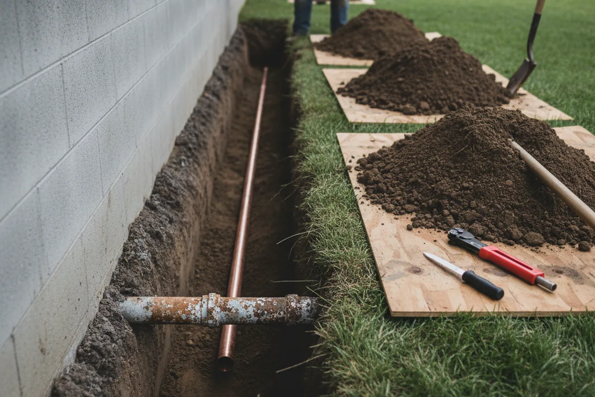 Excavated water line trench during Water Heater Repair in Glennville